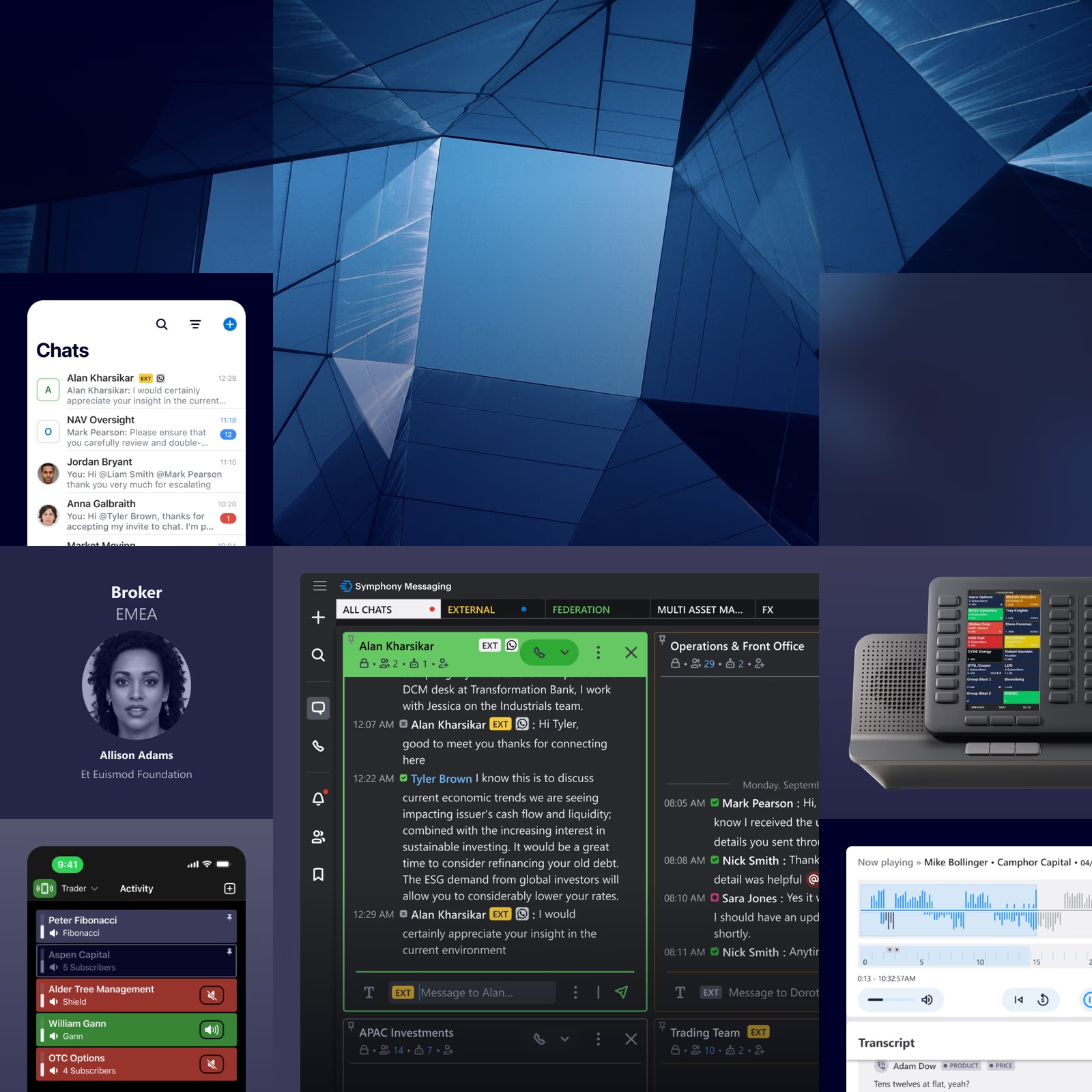 Symphony platform showcase: desktop chat, mobile app, and Cloud9 turret hardware
