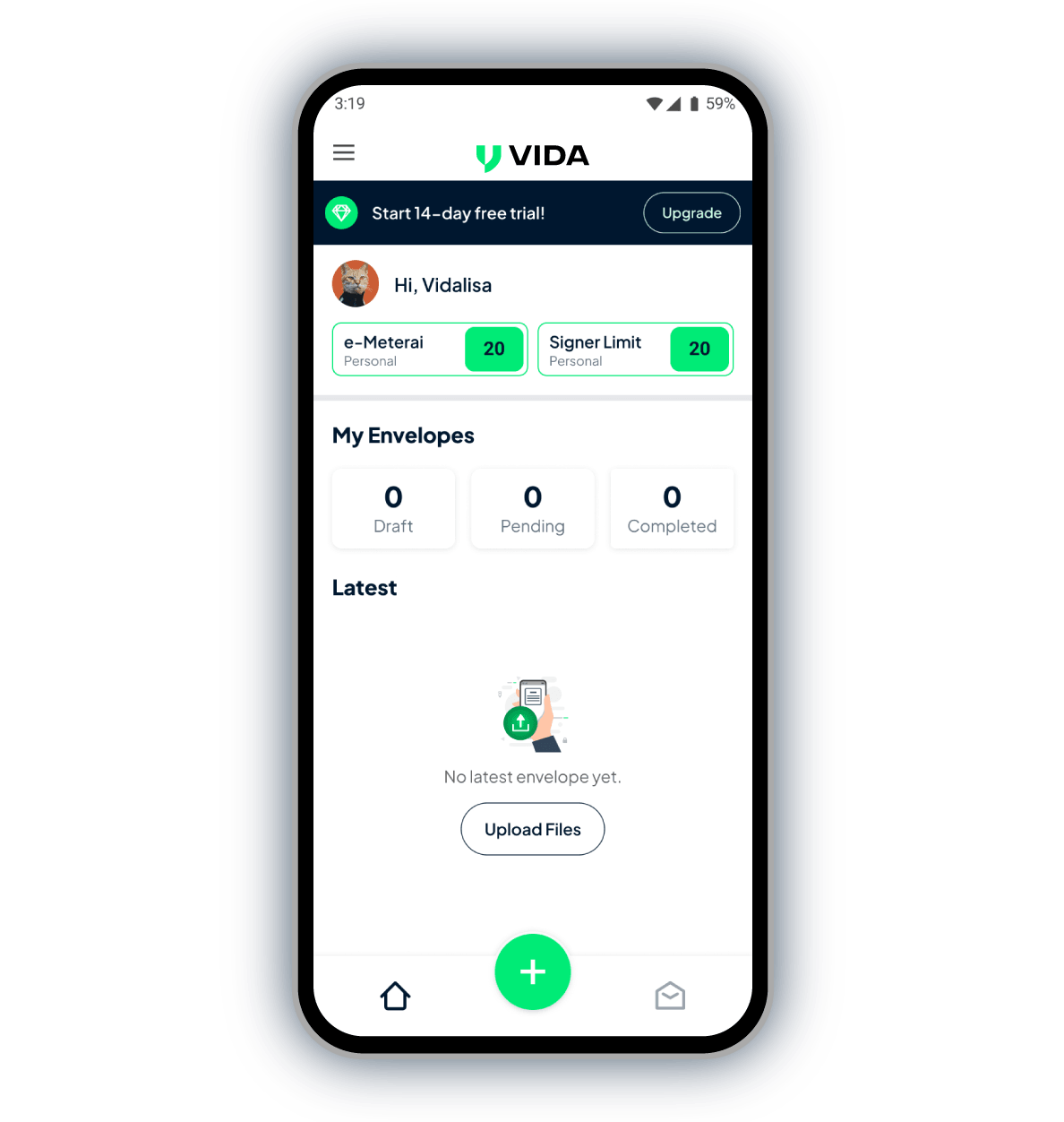 VIDA app home screen showing identity and signing flows